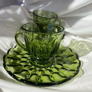 Vintage Avocado Green Depression Glass Tea Cup Set